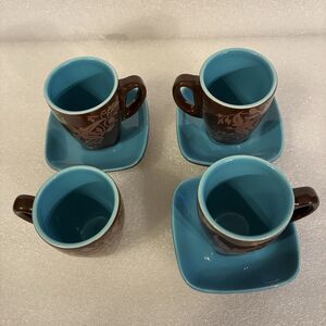 Joie Cup And Saucers. Chocolate Brown And Turquoise With Beige Pattern. Set Of 3